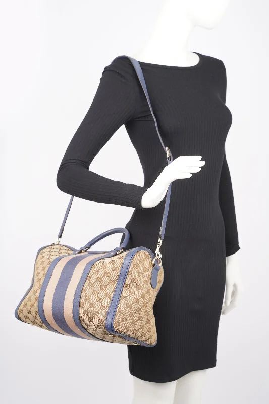 Gucci Marmont bags for women with a contrast - colored interiorGucci Womens Vintage Web Boston Bag Beige Blue Nude Medium